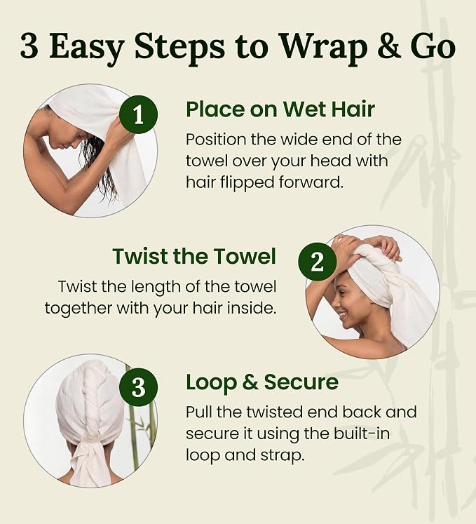 Hair Towel Wrap for Women, Bamboo Made for Advanced Absorption & Fast Drying, Anti-Frizz & Curl Friendly, Superior Alternative to Microfiber Hair Towel Wrap, Includes Elastic Strap, Ivory White 1-Pack