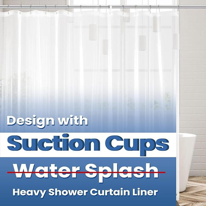 downluxe Shower Curtain Liner, PEVA Plastic Shower Liner with 3 Magnets, 72" x 72" Waterproof Bathroom Curtain, Suction Cups Heavy Clear, 1 Pack