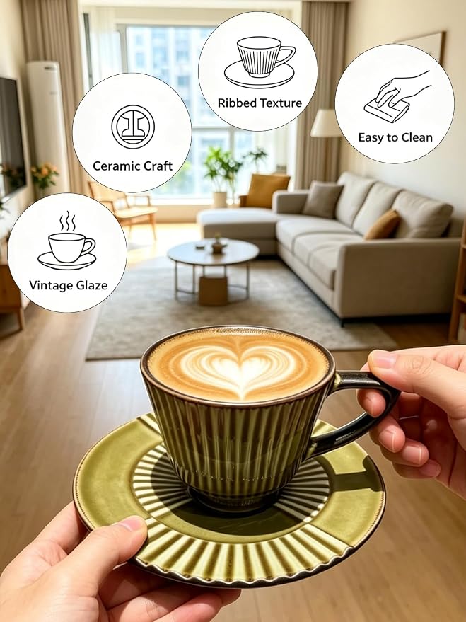 Ceramic Coffee Cup and Saucer Set, 6.7 oz Espresso Cup Set with Plate, Olive Gold Ceramic Tea Cup for Latte, Cappuccino, Coffee Bar and Kitchen Décor