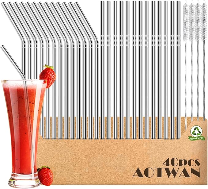 AOTWAN 40-Pack Reusable Stainless Steel Metal Straws, 18 Straight + 18 Bent 8.5'' Metal Straws for 20 oz Tumblers Dishwasher Safe with 4 Cleaning Brushes