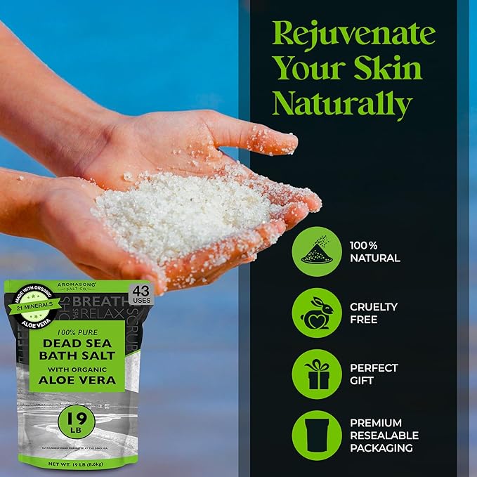 Aromasong Dead Sea Salt with Organic Aloe Vera, Spa Bath Salts, 19 Lbs Fine Bulk resealable Pack, 100% Pure & Natural, Soak for Women & Men for Tired Muscles & Skin Issues (Packaging May Vary)