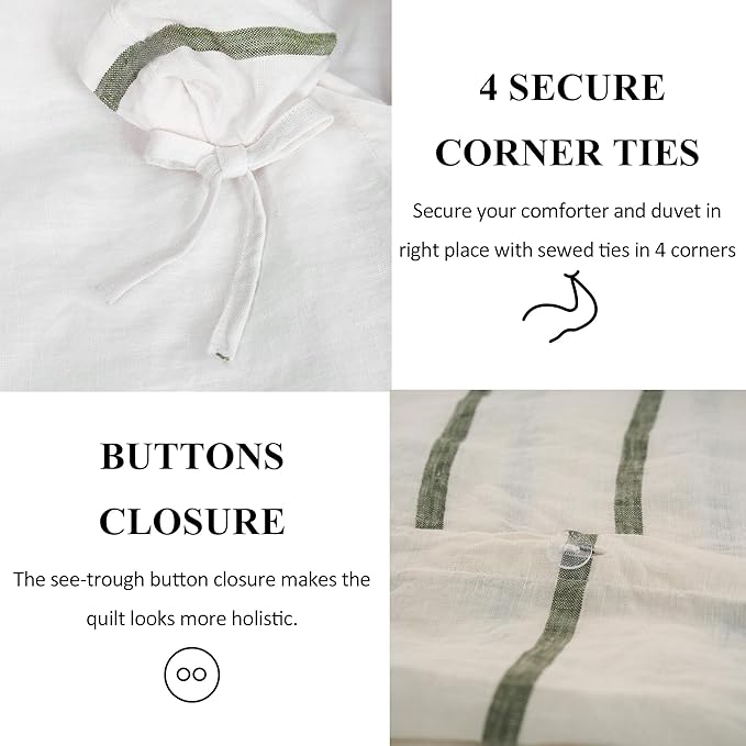 S VICTORY SYMBOL 100% Organic Linen Duvet Cover Set,Yarn Dyed Green Vertical Stripe French Natural Flax Bedding Set,3pcs Farmhouse Comforter Cover Set Full Size