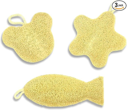 Natural Loofah Body Scrubber 3-Pack (3 Unique Cartoon Shapes), Plant-Based Exfoliating Shower Sponge Luffa for Men & Women, Eco-Friendly & Dye-Free, Fits All Hand Sizes [Must SOAK to Soften]
