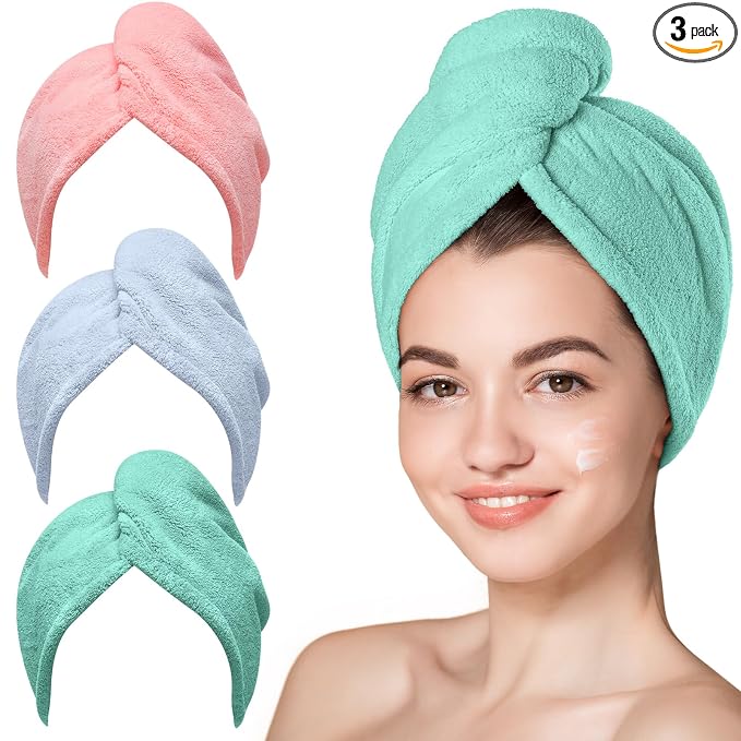 Hicober Microfiber Hair Towel, 3 Packs Hair Turbans for Wet Hair, Drying Hair Wrap Towels for Curly Hair Women Anti Frizz (Pink,Blue,Green)