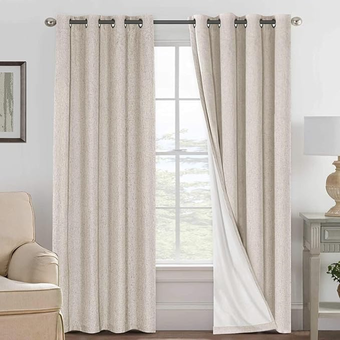 H.VERSAILTEX Blackout Curtains Linen Curtains 120 inches Long 100% Black Out Curtains for Bedroom Windows, Textured Linen Look Draperies Grommet with White Liner, 2 Panels, Natural