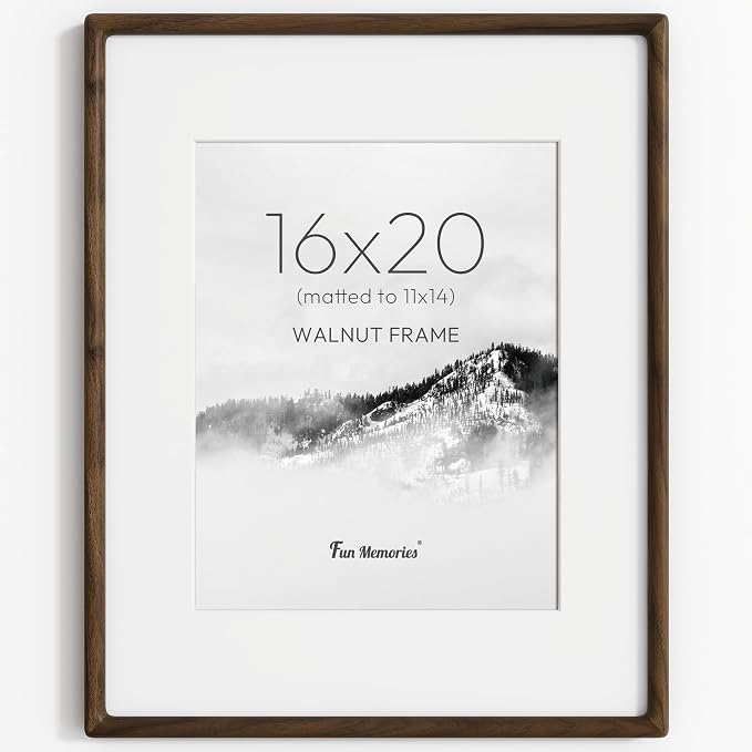 16x20 Picture Frame, USA-Sourced Walnut Wood Frame Wall Mounted, 16x20 Poster Frame with Real Glass, 16 x 20 Picture Frame Matted to 11x14 Photo for Vertical & Horizontal Hanging, 1 Pack