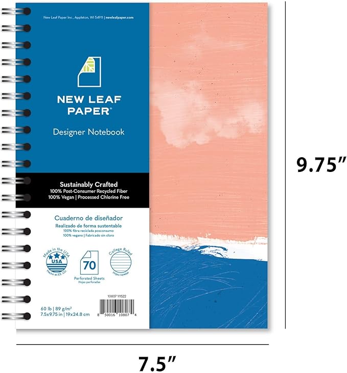 Small Spiral Bound Recycled Notebook, Beach Sunset Design, 9.75" x 7.5", 70 Sheets, Double-Wire, College Ruled, Vegan, Made in USA
