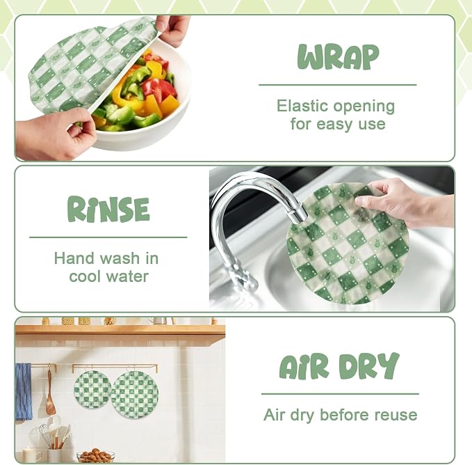 2-Pack Reusable Beeswax Bowl Covers with Green Leaf Pattern, 10/12 Inch Elastic Cotton Food Storage Covers for Bread Proofing, Sourdough Dough & Kitchen Containers