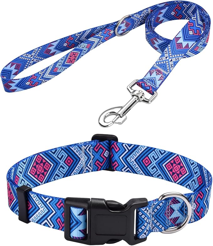 MarukoPet Dog Collar and Leash Set, Adjustable for Small Medium Large Dogs Puppy, Cute Design with Bohemia Floral Tribal Geometric Patterns Boys Girls Dog Collar(Blue Ethnic Style Set,XS)