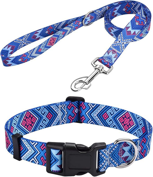 MarukoPet Dog Collar and Leash Set, Adjustable for Small Medium Large Dogs Puppy, Cute Design with Bohemia Floral Tribal Geometric Patterns Boys Girls Dog Collar(Blue Ethnic Style Set,L)