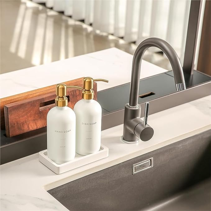 Liquid Dispenser Soap Dispenser Set Glass with Stainless Steel Pump Countertop Soap Bottle(White Bottle+Gold Pump)
