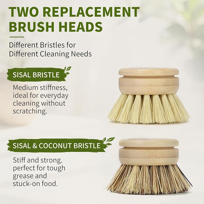 5 PCS Bamboo Dish Brush with Handle Set - Natural Dish Scrubber Brush with 3 Replacement Brush Heads and 2 Dish Sponges for Cleaning Dishes, Pans, Pot, Fruit and Veggie
