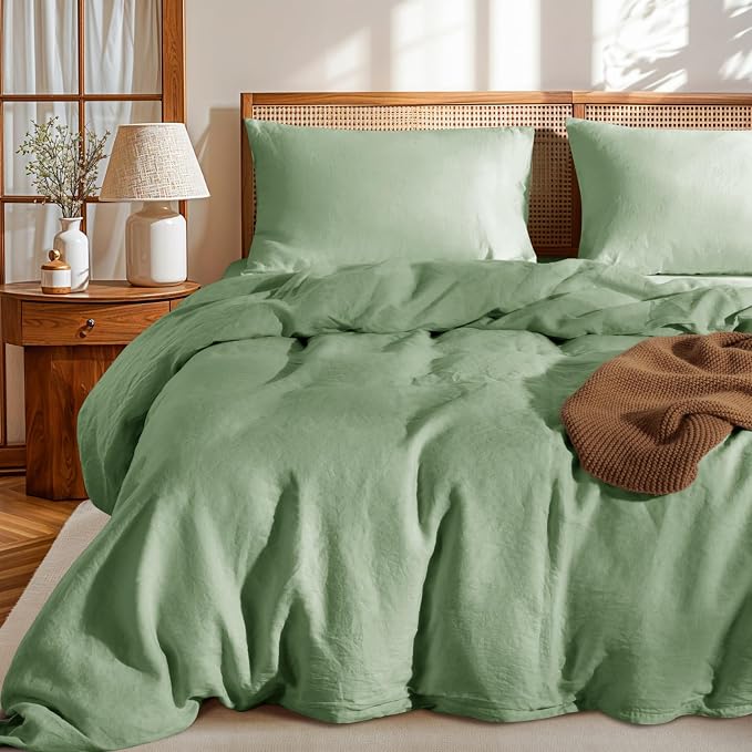 LBRO2M 100% France Linen Duvet Cover Set 3 Pcs Including 1 Flax Comforter Cover with Zipper Closure, 2 Pillowcase, Cozy Duvet Cover Queen Size Green
