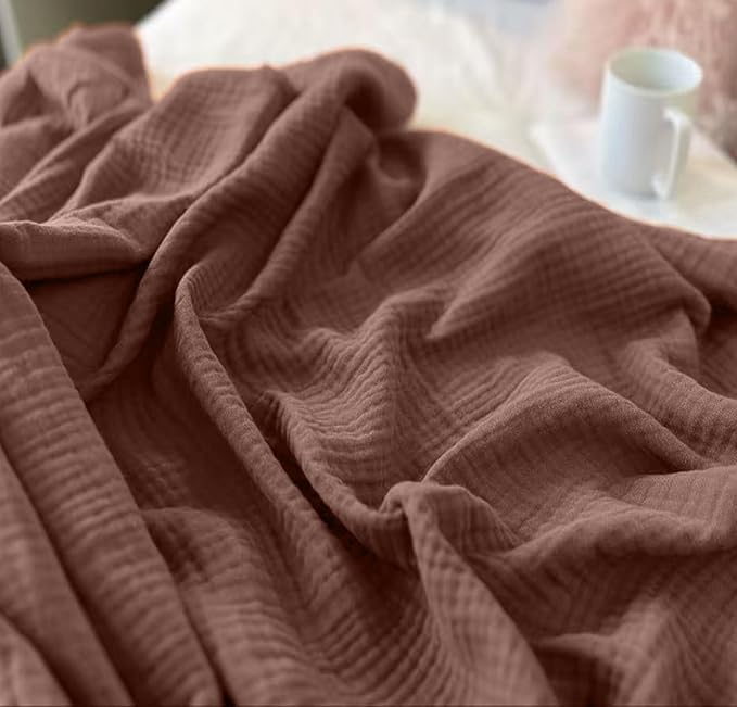 KyraHome 100% Cotton Throw Blanket, 60"x80" Large Plant Dyed Lightweight Breathable Thin Soft Summer Gauze Muslin Blankets for Adults, Boho Cotton Throw for Couch, All Season (Brown)