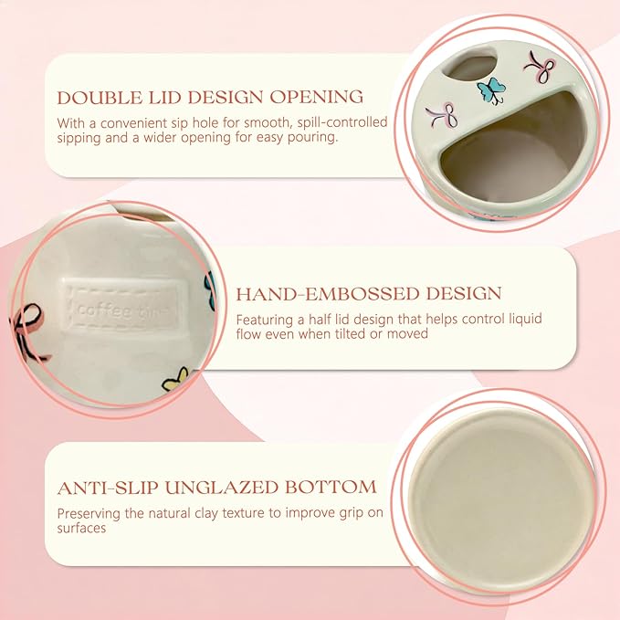 Ceramic Travel Mug with Half Lid, Handmade Butterfly Pottery Mug, Ceramic Coffee Mugs Porcelain Coffee Cup Use for Kitchen Dining Office, White