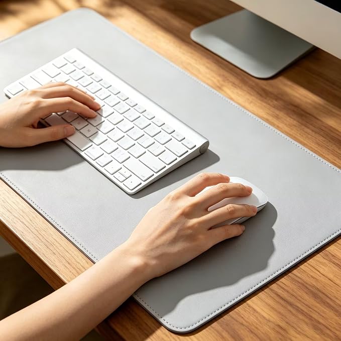 Leather Desk Pad Protector, Non-Slip Computer Mat for Desktop, PU Leather Office Desk Mat for Home & Office, Waterproof Laptop Table Blotter and Keyboard and Mouse, Gray (13.5''X45'')