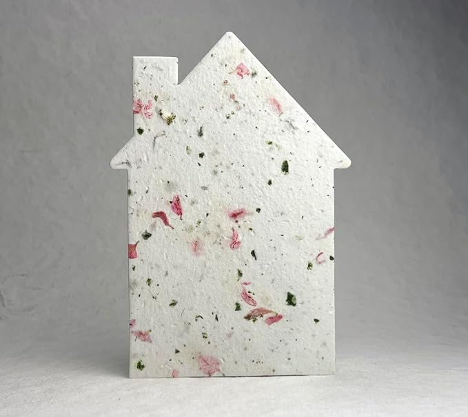 Of The Earth Handmade Paper - Wildflower Seed Paper House Shaped Cards - w/Seeds & Petals - 5" x 7" - Set of 8 - Guides & Envelopes Included (52s Pink & Chard)