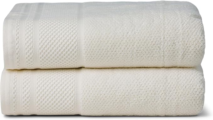 Texere 100% Organic Cotton Rice Weave Jacquard 700 GSM Luxury Bath Towel Sets - Ultra Soft and Absorbent Hotel and Spa Quality (Rice Weave, Cream, 2 Bath Towels)