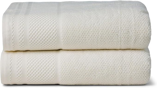 Texere 100% Organic Cotton Rice Weave Jacquard 700 GSM Luxury Bath Towel Sets - Ultra Soft and Absorbent Hotel and Spa Quality (Rice Weave, Cream, 2 Bath Towels)