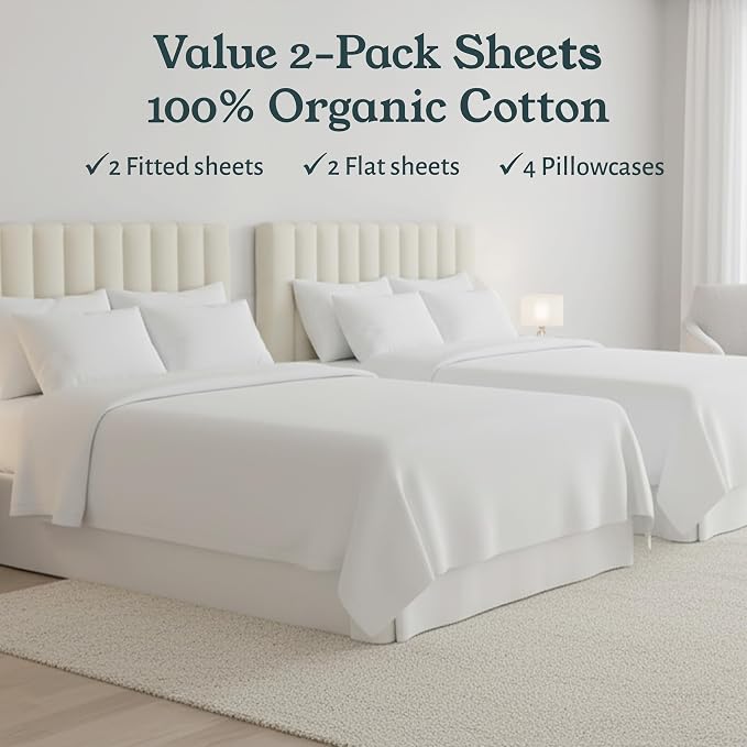 California Design Den Pack of 2 Full Size Sheet Sets - 100% Organic Cotton, Crisp Percale Feel, Deep Pocket White Sheets, Lightweight Bedding Set - White