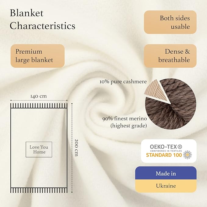 LYHome Cashmere Blanket with Merino - Luxury Wool Throw Soft Cozy and Warm, Decorative Throws Couch Bed Sofa, Warmest Blankets for Travel Camping & Cold Weather (55x79 | White Herringbone)