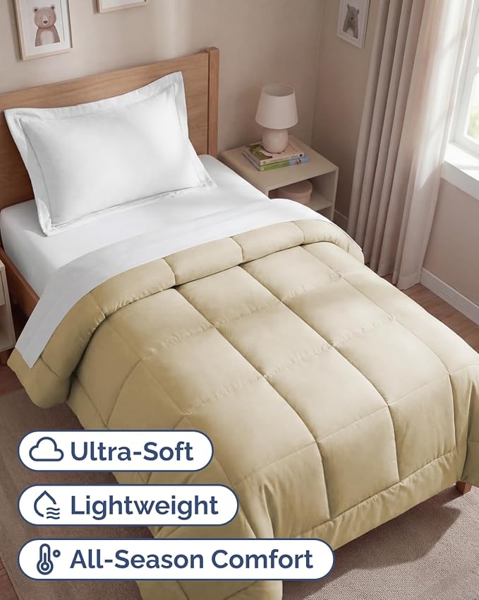 Twin Size, Beige Alternative Down Comforter - Warm, Lightweight & Breathable Hotel Quality Bedding Set for Men, Women, Kids and Teens - All Season Oversized Cooling Microfiber Duvet Insert Comforter