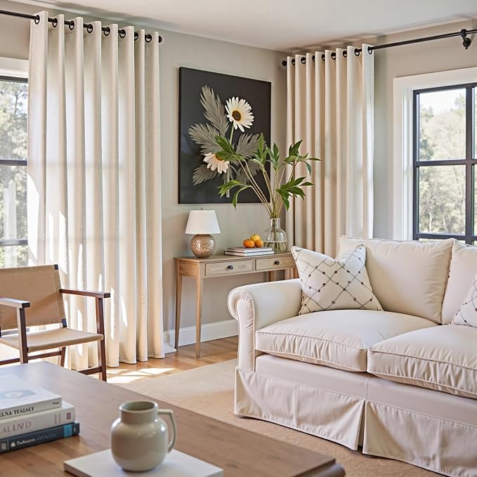 jinchan Custom Size Curtain Beige Linen Blend Curtain 1 Panel for Bedroom Living Room Light Filtering Natural Farmhouse Rustic Grommet Drape (Ecru)