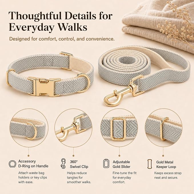 Herringbone Tweed Dog Collar and Leash Set for Large Dogs, Gray | Snag-free, no-rub design. Soft breathable cotton, gentle on fur. Adjustable durable matching combo for walks & outdoors.