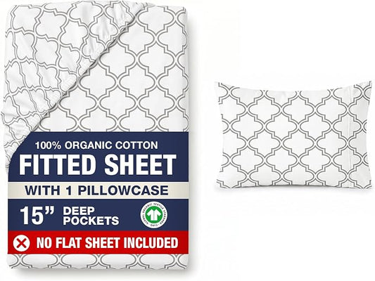 LANE LINEN Twin XL Fitted Sheet, 100% Organic Cotton 2-Piece Set (1 Fitted Sheet,1 Pillowcase),Percale Weave,Bottom Sheet, Soft, Breathable,Fits Mattress Upto 15" Deep - Trellis Silver(No Flat Sheet)