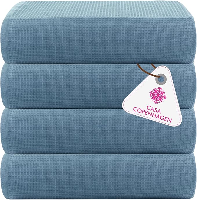 CASA COPENHAGEN Wafffle 4Pcs 100% Egyptian Cotton Large Designer Towels Gift Set- Dusty Blue, 55"x27", 4Bath Towels for Bathroom (Box Pack, Set for Women & Men)