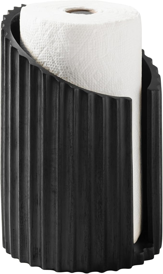 Anji Mountain Wooden Paper Towel Holder Countertop with Mango Wood Round Base and Iron Holder, Holder Stand for Kitchen Roll Organizer & Kitchen Dining Table Home Decor - Black/Black, Fluted