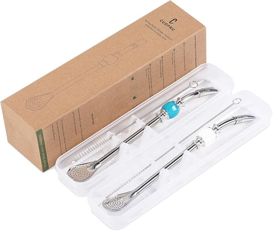 CUOPRU Yerba Mate Bombillas Set - Included Mate Gourd Stainless Steel Straws with Straw Case, Removable Head Filter, Colorful Bead, Cleaning Brush (Blue and White)