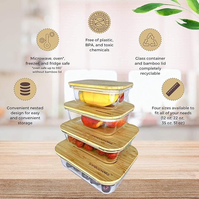 Bambooware Glass Containers with Lids | Non Plastic Glassware Set - Natural Raw Organic Wooden Bamboo Lids | Set of 4 | Reusable, BPA Free | Perfect for Meal Prep, Lunch, Leftovers, Kitchen