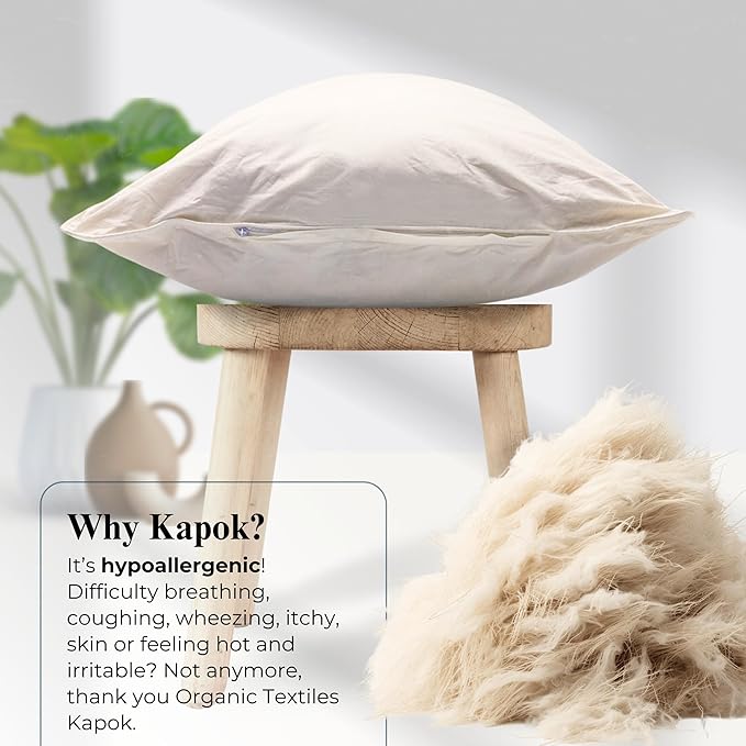 ORGANIC TEXTILES Natural Kapok Pillow with Organic Cotton Cover, (Child Size), GOTS Certified, Adjustable Loft, Cooling and Breathable