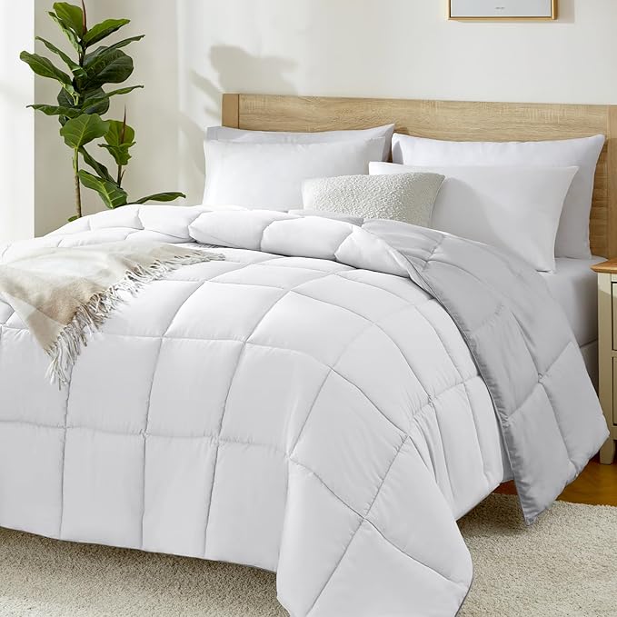 Homelike Moment Comforters Queen Size - Grey Duvet Insert Down Alternative Bed Queen Comforter, Lightweight Bedding Comforter Full Size Quilted Soft All Season Reversible White/Light Gray