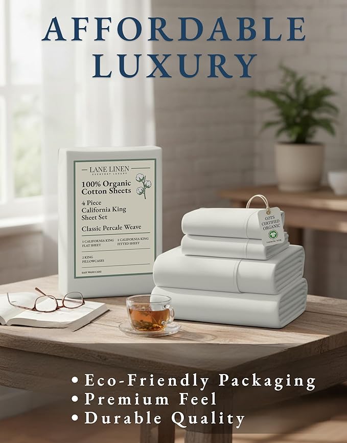 LANE LINEN 100% Organic Cotton California King Sheets Set, 4-Piece Pure Organic Cotton Long Staple Percale Weave Soft Best Bedding Sheets for Bed, Fits Mattress Upto 15" Deep - Glacier Grey