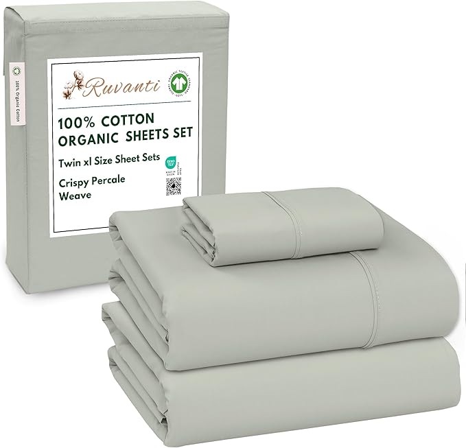 RUVANTI 100% Cotton Organic Percale Sheets Twin XL Size – Crisp Cooling Bed Sheets for Hot Sleepers, Deep Pocket 15”, Soft Peach Finish, Breathable & Durable Hotel-Style 3 Pcs, Mineral Gray