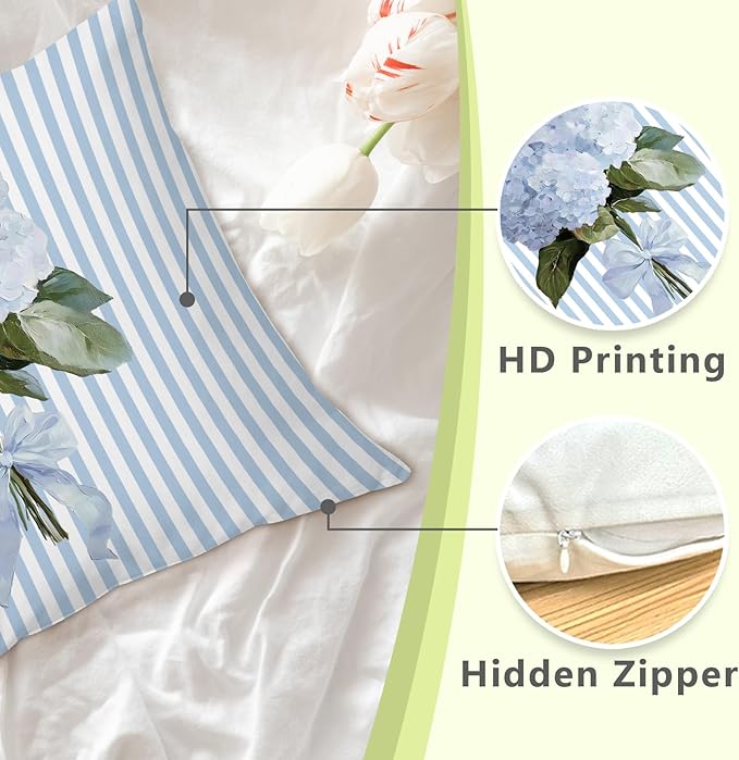 Coquette Blue Bow Hydrangea Floral 18x18 Pillow Cover, Blue Hydrangea Decor, Flower Striped Decorative Throw Pillow Cover for Girls Dorm Bedroom Living Room Home
