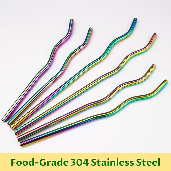 NiHome 6-Pack Wavy Iridescent Stainless Steel Straws with Silicone Tips, Bases & 2 Cleaning Brushes, 3 Sizes 9.25", 10.24" & 12.2", Reusable Metal Straws Fit for Stanley 30oz/40oz Tumblers, Cups