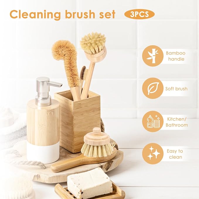 Bamboo Dish Brush Set of 3, Dish Brush Natural Bamboo Dish Scrub Brush Set with Handle, Wooden Dish Scrubber Kitchen Brush Set with Natural Bristles for Kitchen Cleaning Dish, Bottle, Pots, Pans