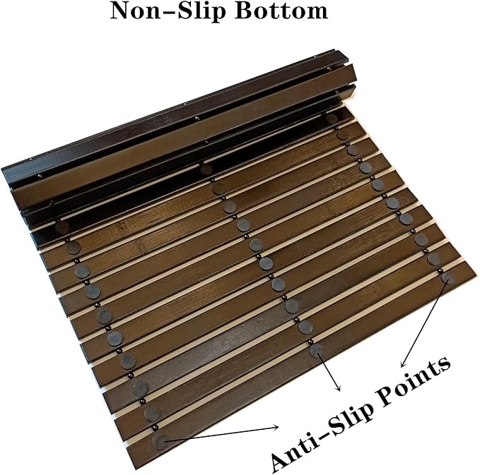 HJJKKH Bath Mat, Wooden Bathroom Mat Rayon Derived from Bamboo 23.6"x15.7", Rollable Non-Slip Floor Mat, Wooden Shower Mat for Bathroom, Bathtub, Spa, Sauna, Hot Tub & Outdoor Use - Black
