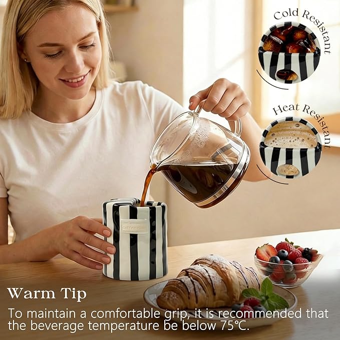 Ceramic Coffee Mug with Half Lid, 12oz To Go Coffee Mug, Handcrafted Striped Glazed Ceramic Coffee Mug with Dual Sip Lid for Hot and Cold Drinks, Black