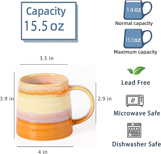 Large Ceramic Coffee Mug, Handmade Pottery Mugs, Tea Cups with Big Handle for Office and Home, 15.5 oz, Dishwasher and Microwave Safe (Grey Black)