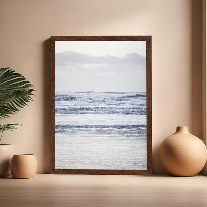 Monem Art Pastel Ocean Waves Seascape Photography Print - Minimalist Coastal Landscape Art Poster - Wall Decor for Living Room, Bedroom or Office - 16x20 Brown Framed Wall Art by Mareike Bohmer