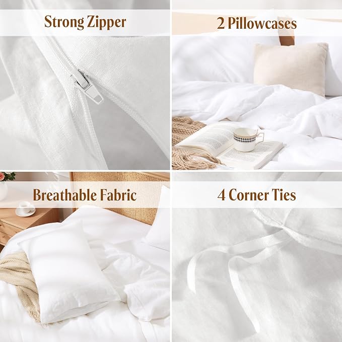 LBRO2M 100% France Linen Duvet Cover Set 3 Pcs Including 1 Flax Comforter Cover with Zipper Closure, 2 Pillowcase, Cozy Duvet Cover Queen Size, White