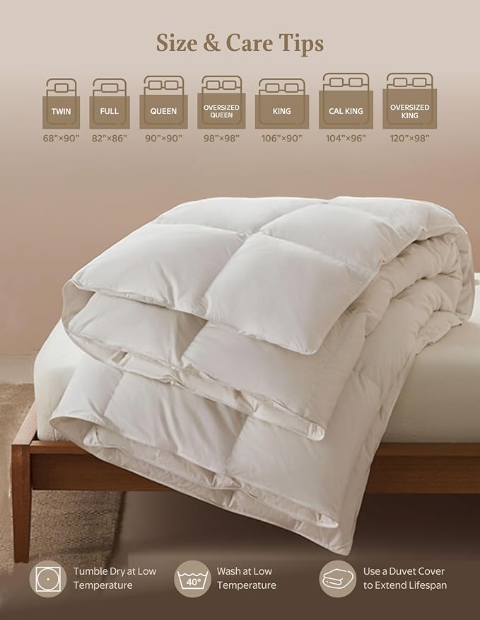 APSMILE Goose Feather Down Fibers Comforter Oversized Queen Size, Organic Cotton Duvet Insert, All Season Warmth, Baffle Box, Quill-Free Soft Fluffy Hotel Bed Comforter (Ivory White, 98x98 Inch)