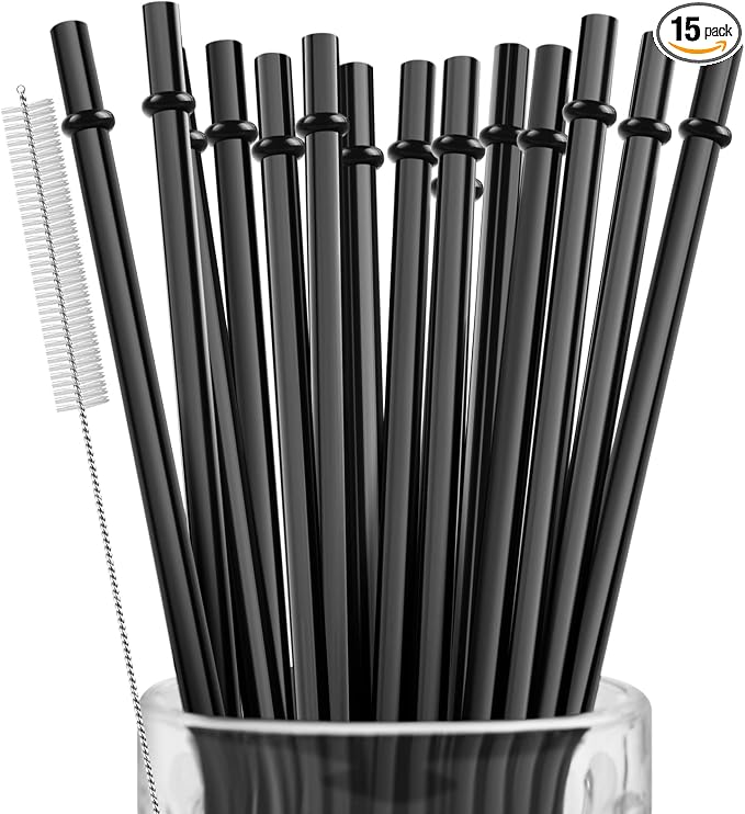 15 Pieces 9 Inch Black Reusable Plastic Replacement Drinking Straws, Fit for 24 oz 32oz 40oz Mason Jars, Tumblers, BPA Free Unbreakable Drinking Straws with Cleaning Brush