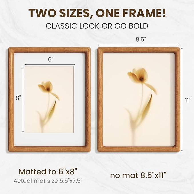 8.5x11 Picture Frame, USA-Sourced Teak Wood Picture Frame, 8.5x11 Certificate Frame with High Tempered Glass, 8.5 by 11 Diploma Frame Matted to 6x8 Photo for Wall & Tabletop Display, 1 Pack
