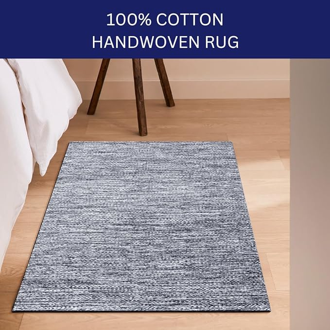 Hand Woven Area Rug 2x3 Feet - Rustic Farmhouse Bohemian Accent Rug for Living Room Bedroom Kitchen Entryway Floor Mats - Ideal for High Traffic Areas 100% Cotton Rag Rug Blue