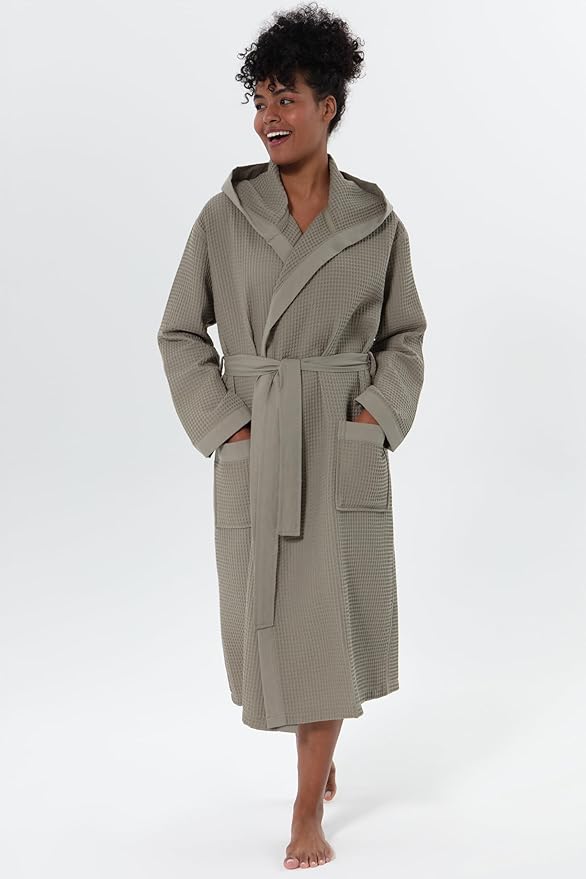 SEYANTE Women's Organic Cotton Waffle Kimono, Hooded Robe – GOTS Certified Lightweight Full-Length Spa Bathrobe with Piping